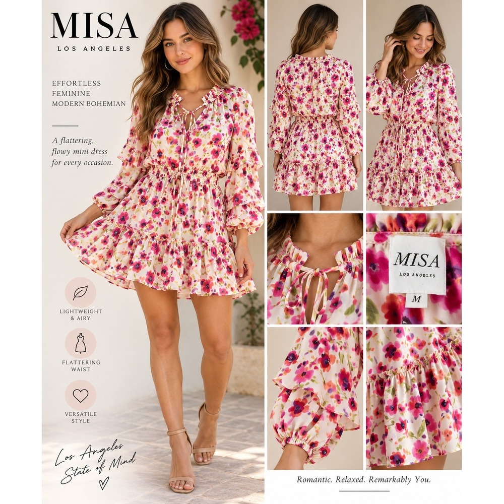 MISA Los Angeles Pink Floral Ruffle Mini Dress Long Sleeve Size Medium